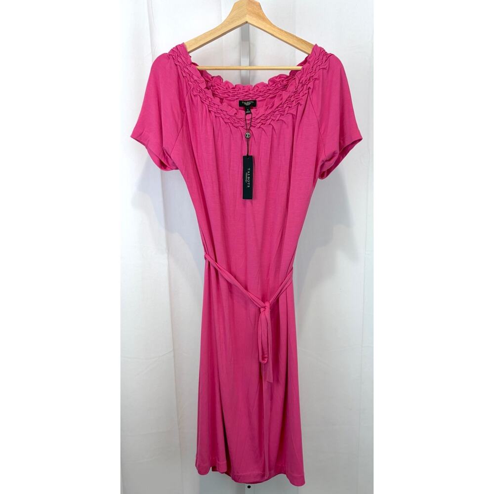 NWT TALBOTS Gathered Scoop Neck Jersey Knit Dress Tie Belt Short Sleeve Pink X - Picture 9 of 9